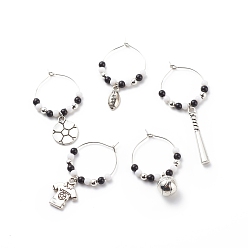 Antique Silver Round Acrylic Beaded Wine Glass Charms Ring, Sports Theme Goblet Marker, with Alloy Football/Rugby/Baseball Bat/Jersey/Basketball Charms, Antique Silver, 43~65.5mm