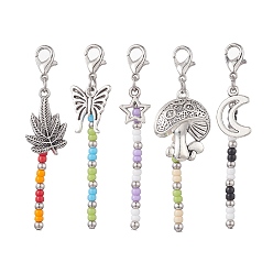 Antique Silver Glass Beaded Pendant Decorations, with Alloy Pendant and 304 Stainless Steel Beads, Moon/Mushroom/Star/Leaf/Butterfly, Antique Silver, 55~57mm