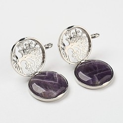 Amethyst Natural Amethyst Pendants, with Brass Diffuser Locket Findings, Flat Round with Tree, 31x26x8mm, Hole: 4mm