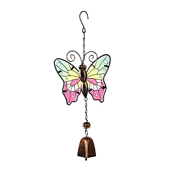 Colorful Iron Wind Chimes, Small Wind Bells Handmade Glass Pendants, Butterfly, Colorful, 343~360mm
