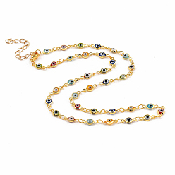 Golden Brass Evil Eye Lampwork Link Chain Necklaces, with 304 Stainless Steel Lobster Claw Clasps, Golden, 16.25 inch(41.3cm)
