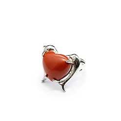 Red Jasper Natural Red Jasper Heart Adjustable Rings, Platinum Brass Ring, US Size 8(18.1mm)