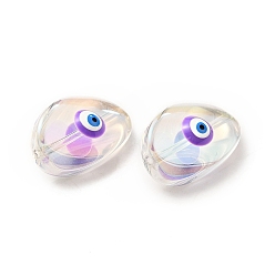 Violet Bleu Des billes de verre transparentes, avec l'émail, larme avec motif mauvais œil, bleu violet, 18.5x12.5x8mm, Trou: 1.2mm