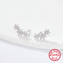 Clear Cubic Zirconia Flower Stud Earrings, Silver 925 Sterling Silver Post Earings, Clear, 12x5mm