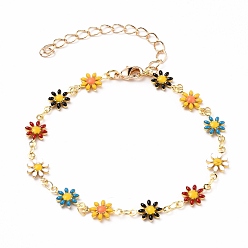 Colorful Golden Brass Flower Enamel Links Bracelets, with Brass Curb Chains & Lobster Claw Clasps, Colorful, 7-1/4 inch(18.5cm)