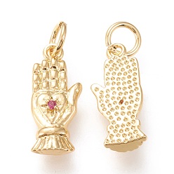 Golden Brass Micro Pave Cubic Zirconia Pendants, with Jump Rings, Long-Lasting Plated, Palm with Heart, Magenta, Golden, 17x7x2.5mm, Hole: 3mm