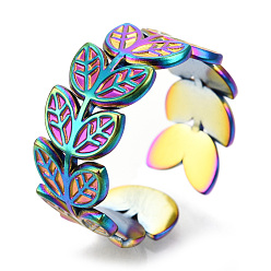 Rainbow Color 304 Stainless Steel Leaf Cuff Rings, Wide Band Rings, Open Rings for Women Girls, Rainbow Color, US Size 7(17.7mm)