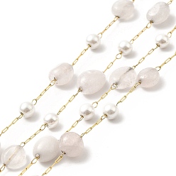 Rose Quartz Ion Plating(IP) 316 Surgical Stainless Steel Paperclip Chains, with Natural Rose Quartz Nuggets Beads and Glass Beads, Soldered, Real 18K Gold Plated, with Spool, Link: 2.5x1x0.5mm