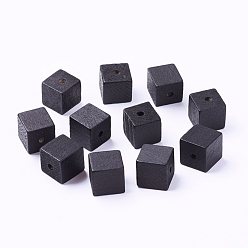 Black Natural Wood Beads, Dyed, Cube, Black, 14~15x14~15x14~15mm, Hole: 3mm