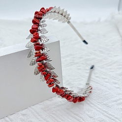 Piedra Roja Gomas para el pelo con chip de jaspe rojo natural., accesorios para el cabello para novia, con aro para el pelo de hoja de metal, 150x125x35 mm