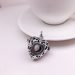 Antique Silver Tibetan Style Brass Bead Cage Pendants, for Chime Ball Pendant Necklaces Making, Hollow Heart Charm, Antique Silver, 26.5x27.5x19.8mm, Hole: 4.5x10mm