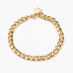 Real 18K Gold Plated Brass Cuban Link Chain Bracelets, with Lobster Claw Clasps, Long-Lasting Plated, Word Good Luck, Real 18K Gold Plated, 7-1/2 inch(19cm)