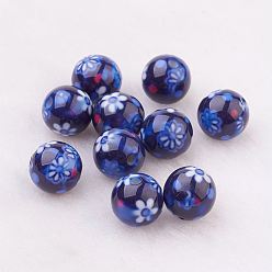 Bleu Foncé Pulvériser billes de résine peints, avec motif de fleurs, ronde, bleu foncé, 10mm, Trou: 2mm
