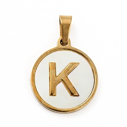 Letter K Vacuum Plating 304 Stainless Steel with White Shell Pendants, Golden, Flat Round with Letter Charm, Letter.K, 18x16x1.5mm, Hole: 3x6mm