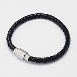 Black Braided Leather Cord Bracelets, with 304 Stainless Steel Magnetic Clasps, Black, 200x6mm