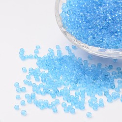 Deep Sky Blue Glass Seed Beads, Transparent, Round, Round Hole, Deep Sky Blue, 8/0, 3mm, Hole: 1mm, about 1111pcs/50g, 50g/bag, 18bags/2pounds