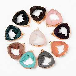 Mixed Color Druzy Resin Pendants, Imitation Geode Druzy Agate Slices, with Edge Light Gold Plated Iron Loops, Nuggets, Mixed Color, 38~39x32.5~33.5x7~8mm, Hole: 1.6mm