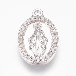Platinum Brass Pendants, with Cubic Zirconia, Lead Free & Cadmium Free & Nickel Free, Long-Lasting Plated, Oval with Virgin Mary, Clear, Platinum, 21.5x13x3mm, Hole: 1.2mm