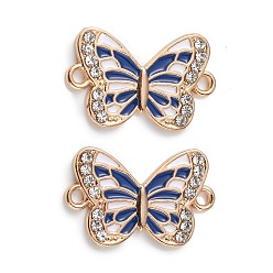 Blue Alloy Enamel Connector Charms, Butterfly Links with Crystal Rhinestone, Light Gold, Cadmium Free & Nickel Free & Lead Free, Blue, 21x13x1.7mm, Hole: 1.6mm