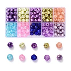 Mixed Color Lavender Garden Mixed Crackle Glass & Glass Pearl Bead Sets, Round, Mixed Color, 8~8.5x7.5~8mm, Hole: 1mm, about 19~20pcs/compartment, 190~200pcs/box