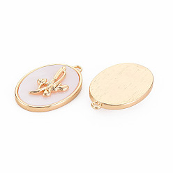 July Water Lily Brass Birth Floral Pendants, Oval with Flower Mother of Pearl White Shell Charms, Nickel Free, Real 18K Gold Plated, July Water Lily, 27x18x4mm, Hole: 1.8mm