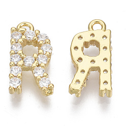 Letter R Brass Micro Pave Cubic Zirconia Charms, Nickel Free, Letter, Clear, Real 18K Gold Plated, Letter.R, 13.5x7.5x2.5mm, Hole: 1.2mm