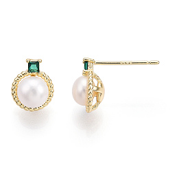 Real 18K Gold Plated Natural Pearl Stud Earrings with Cubic Zirconia, Brass Round Earrings with 925 Sterling Silver Pins, Cadmium Free & Nickel Free & Lead Free, Real 18K Gold Plated, 10x8mm, Pin: 0.8mm