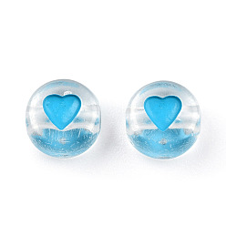 Deep Sky Blue Transparent Acrylic Enamel Beads, Flat Round with Heart, Deep Sky Blue, 7x4mm, Hole: 1.8mm, about 108000~111000pcs/15000g