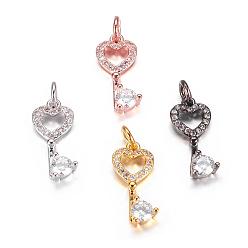 Mixed Color Brass Micro Pave Cubic Zirconia Pendants, Key, Mixed Color, 17x8x3mm, Hole: 3mm