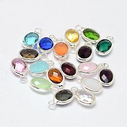 Mixed Color Oval Faceted Silver Color Plated Brass Glass Charms, Mixed Color, 12x7x3.5mm, Hole: 1mm