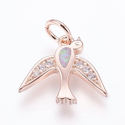 Pearl Pink Brass Cubic Zirconia Pendants, with Synthetic Opal, Bird, Rose Gold, Pearl Pink, 14.5x17x2.5mm, Hole: 4mm