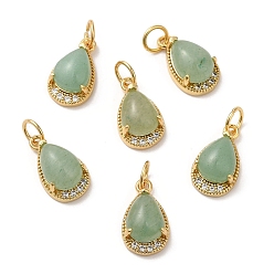 Green Aventurine Natural Green Aventurine Teardrop Charms, with Rack Plating Brass Micro Pave Clear Cubic Zirconia Findings and Jump Ring, Cadmium Free & Lead Free, Real 18K Gold Plated, 13.5x8x5.5mm, Hole: 3.5mm