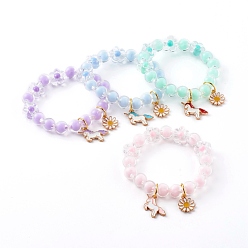 Mixed Color Transparent Acrylic Stretch Charm Bracelets for Kids, with Alloy Enamel Pendants, Unicorn & Daisy, Golden, Mixed Color, Inner Diameter: 1-3/4 inch(4.6cm)
