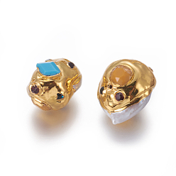 Oro Perlas naturales perlas de agua dulce cultivadas, con turquesa sintética, fornituras de rhinestone y latón, pepitas, dorado, 11~14x15~20x14~16 mm, agujero: 0.8 mm