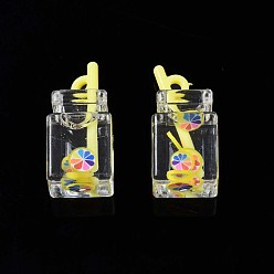 Jaune Pendentifs en résine imitation boisson, argile polymère citron arc-en-ciel à l'intérieur, avec bouteille acrylique, jaune, 25~28x12x11mm, Trou: 1.8mm