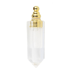 Cristal de Quartz Pendentifs de bouteille de parfum ouvrable en cristal de quartz naturel, breloques de bouteille de parfum balle pointue à facettes avec capuchon en métal plaqué or, 44x12mm