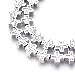 Platinum Plated Electroplated Non-magnetic Synthetic Hematite Beads Strands, Polish, Cross, Platinum Plated, 10x10x4mm, Hole: 1mm, about 40pcs/strand, 15.94 inch(40.5cm)