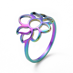 Rainbow Color Ion Plating(IP) 201 Stainless Steel Flower Finger Ring, Hollow Wide Ring for Women, Rainbow Color, US Size 6 1/2(16.9mm)