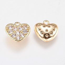 Real 18K Gold Plated Brass Micro Pave Cubic Zirconia Charms, Heart, Clear, Real 18K Gold Plated, 8x8.5x2mm, Hole: 1mm