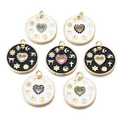 Mixed Color Brass Micro Pave Cubic Zirconia Enamel Pendants, with Jump Rings, Cadmium Free & Nickel Free & Lead Free, Real 16K Gold Plated, Flat Round with Heart, Mixed Color, 20x20x2mm, Jump Ring: 5x1mm, 3mm inner diameter
