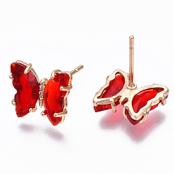 Roja Aretes mariposa con zirconia cúbica y vidrio, joyas de latón para mujer, larga duración plateado, la luz de oro, rojo, 10x11.5 mm, pin: 0.7 mm