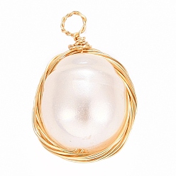 Creamy White Acrylic Imitation Pearl Wire Wrapped Pendants, Bird Nest Charms, with Golden Plated Brass Loop, Oval, Creamy White, 19x12x10mm, Hole: 2mm