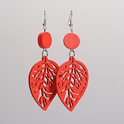 Red Trendy Leaf Wood Dangle Earrings, with Platinum Plated Iron Earring Hooks, Red, 90x34mm, Pin: 0.8mm