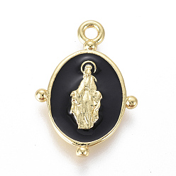 Negro Colgantes de latón chapado de oro del esmalte, óvalo con la religión virgen maría, negro, 18.5x13x2 mm, agujero: 1.6 mm