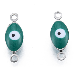 Teal 304 Stainless Steel Enamel Connector Charms, Stainless Steel Color, Horse Eye, Teal, 14.5x5x3mm, Hole: 1.2mm