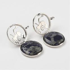 Sodalite Natural Sodalite Pendants, with Brass Diffuser Locket Findings, Flat Round with Angel, 31x26x8mm, Hole: 4mm