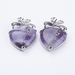 Amethyst Natural Amethyst Pendants, with Brass Findings, Heart, Platinum, 32x47.5x12mm, Hole: 4x5mm