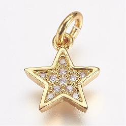Golden Brass Micro Pave Cubic Zirconia Charms, Star, Golden, 11.5x10x2mm, Hole: 3mm
