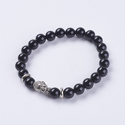 Black Agate Natural Black Agate Beads Stretch Bracelets, with Alloy Finding, Buddha's Head, Dyed, 2-1/8 inch(55mm)