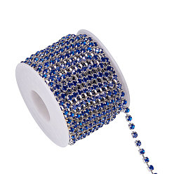 Sapphire Brass Rhinestone Strass Chains, with Spool, Rhinestone Cup Chain, Grade A, Silver Color Plated, Sapphire, 3.1mm, 1440pcs Rhinestone/bundle, about 10yards/roll